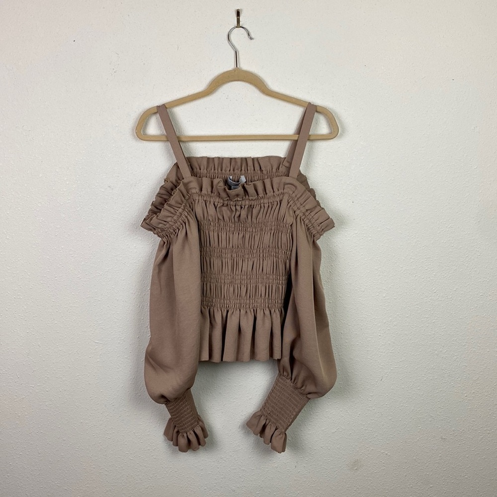 NWT All Saints | Lary Smocked Cold Shoulder Top Sand Brown 10